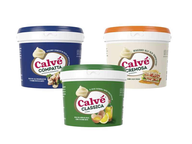 Le tre maionesi Calvé nel formato da 5 litri per il canale foodservice Le tre maionesi Calvé nel formato da 5 litri per il canale foodservice